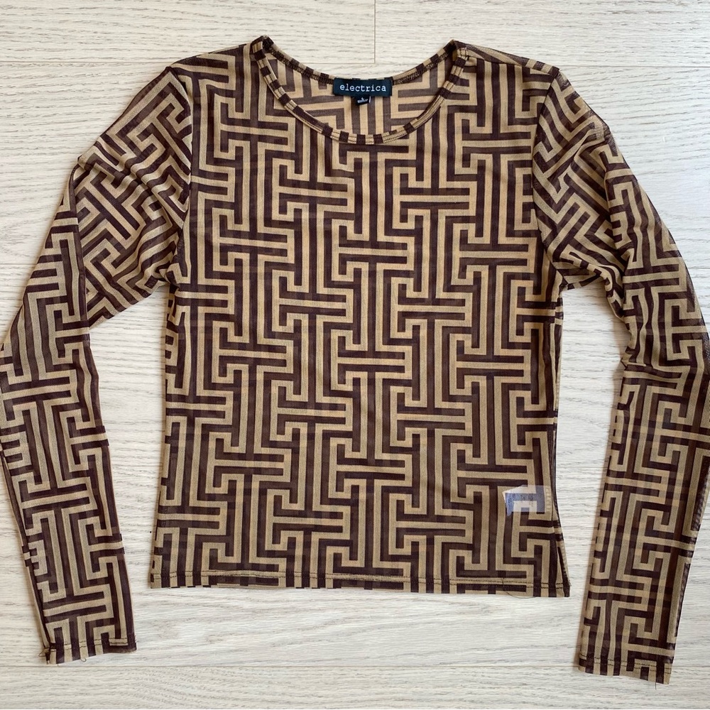 Geometric Mesh Print Top, Brown/Tan, Long Sleeve, Stretch, Women’s (US M)